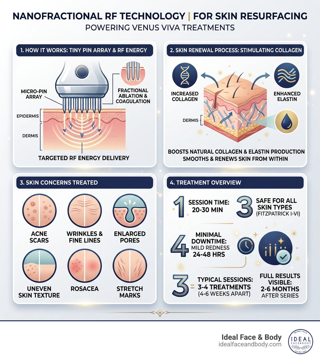 Infographic explaining NanoFractional RF technology, how it works, skin concerns treated, and treatment overview - Venus Infographic explaining NanoFractional RF technology, how it works, skin concerns treated, and treatment overview - Venus