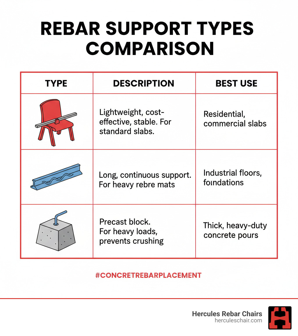 Table comparing rebar support types - concrete rebar placement infographic 