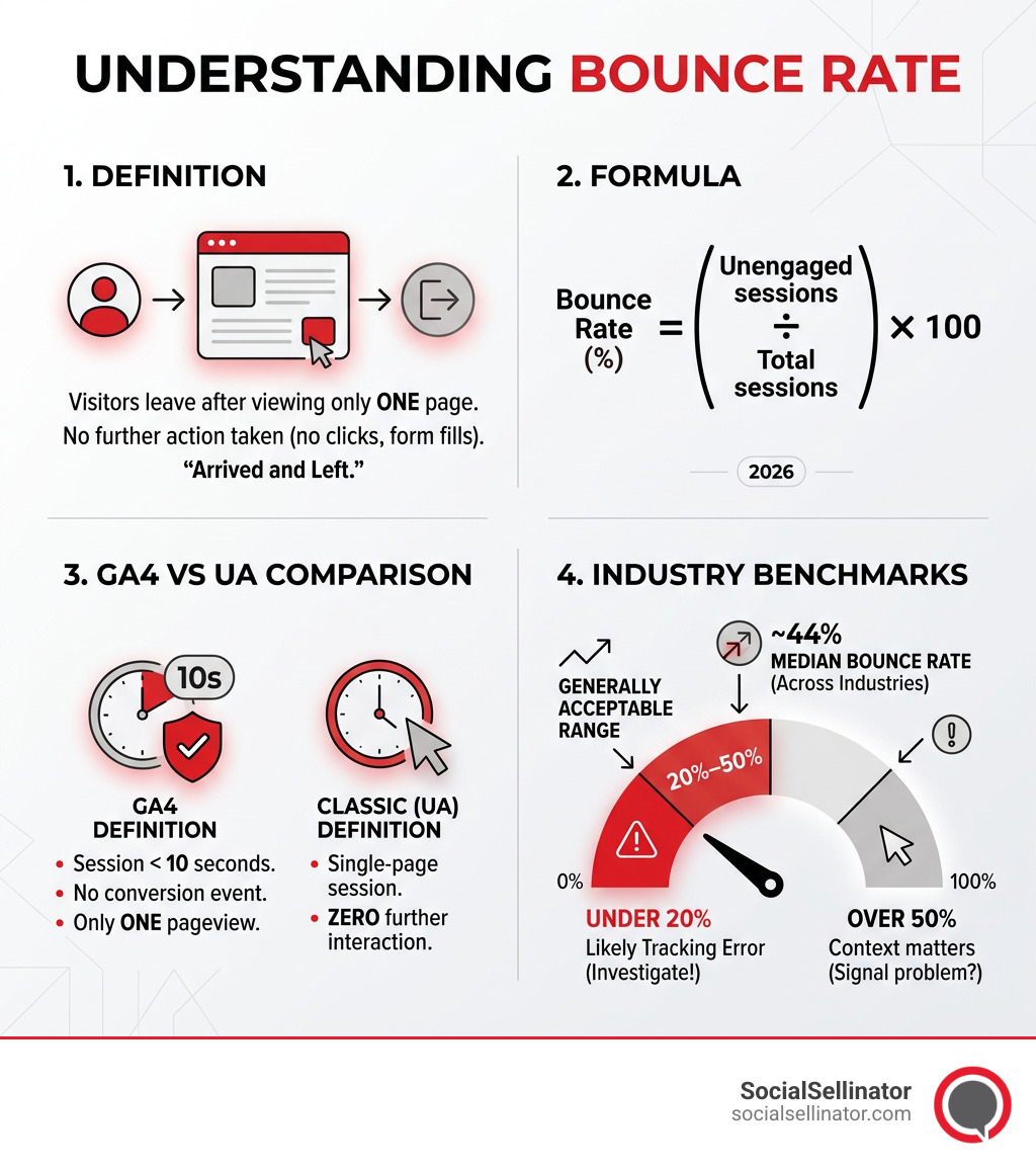 Bounce rate infographic showing definition, formula, GA4 vs UA comparison, and industry benchmarks - What is bounce rate?