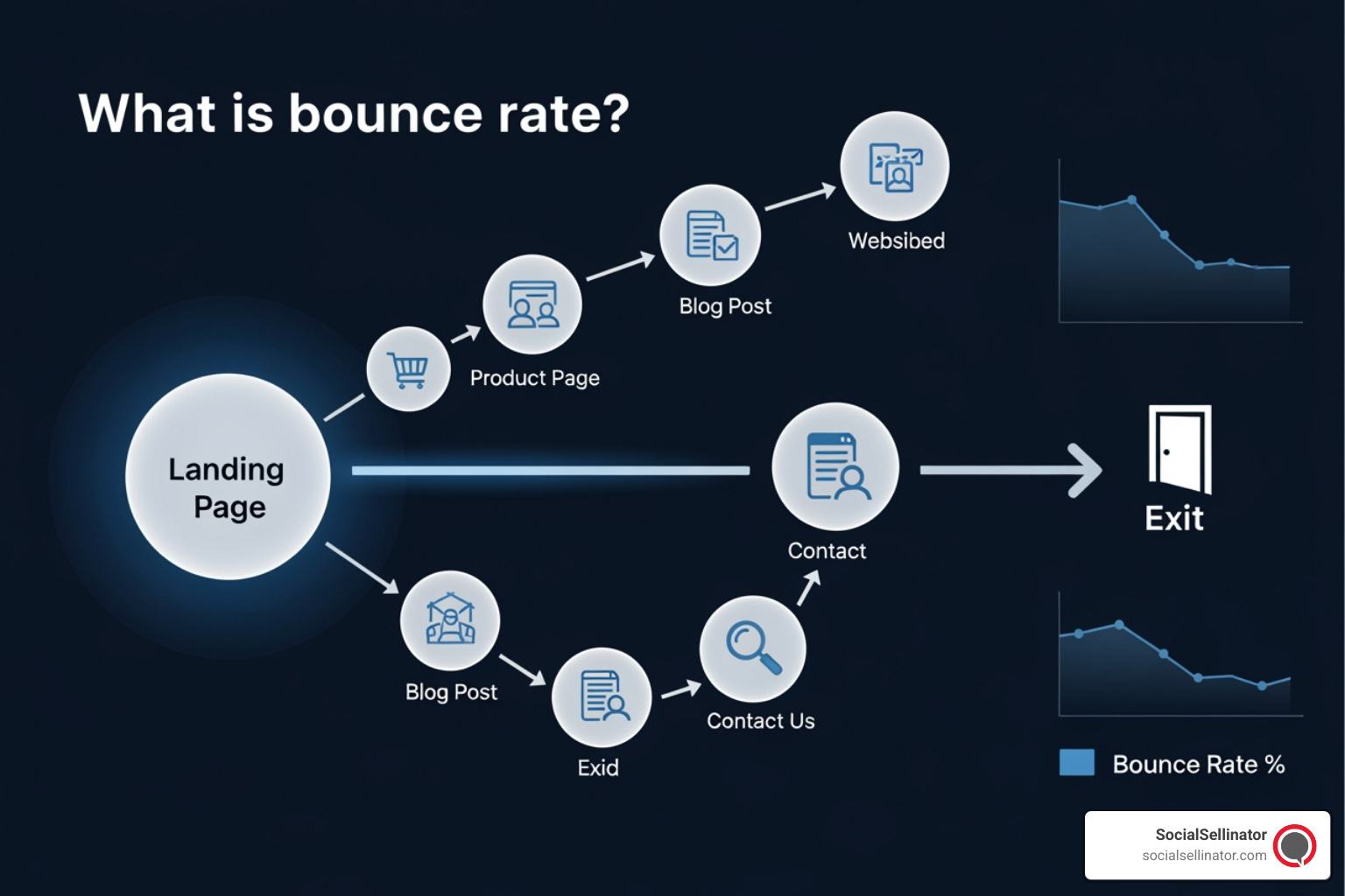 Dashboard showing a high bounce rate percentage with red arrows pointing down - What is bounce rate?