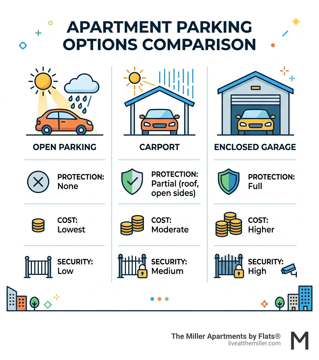 Infographic comparing open parking, carport, and enclosed garage parking by protection level, cost, and security - apartment Infographic comparing open parking, carport, and enclosed garage parking by protection level, cost, and security - apartment