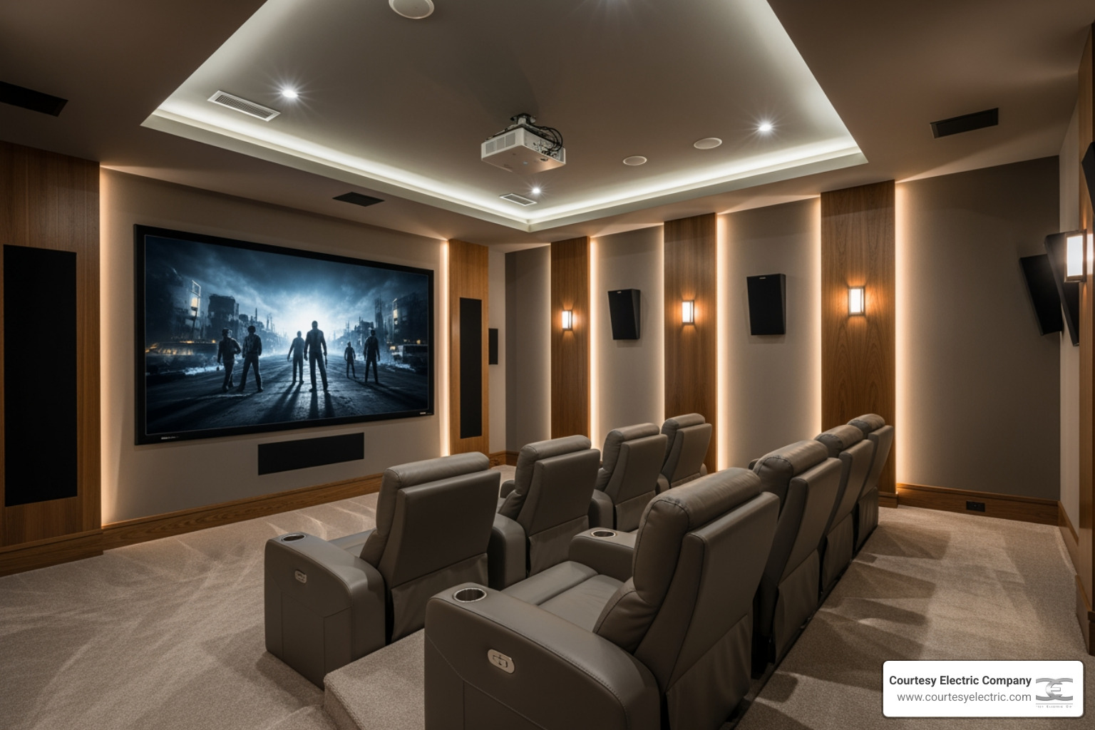 Luxury home theater room with large screen, surround speakers, and comfortable seating - home theaters in centennial co Luxury home theater room with large screen, surround speakers, and comfortable seating - home theaters in centennial co
