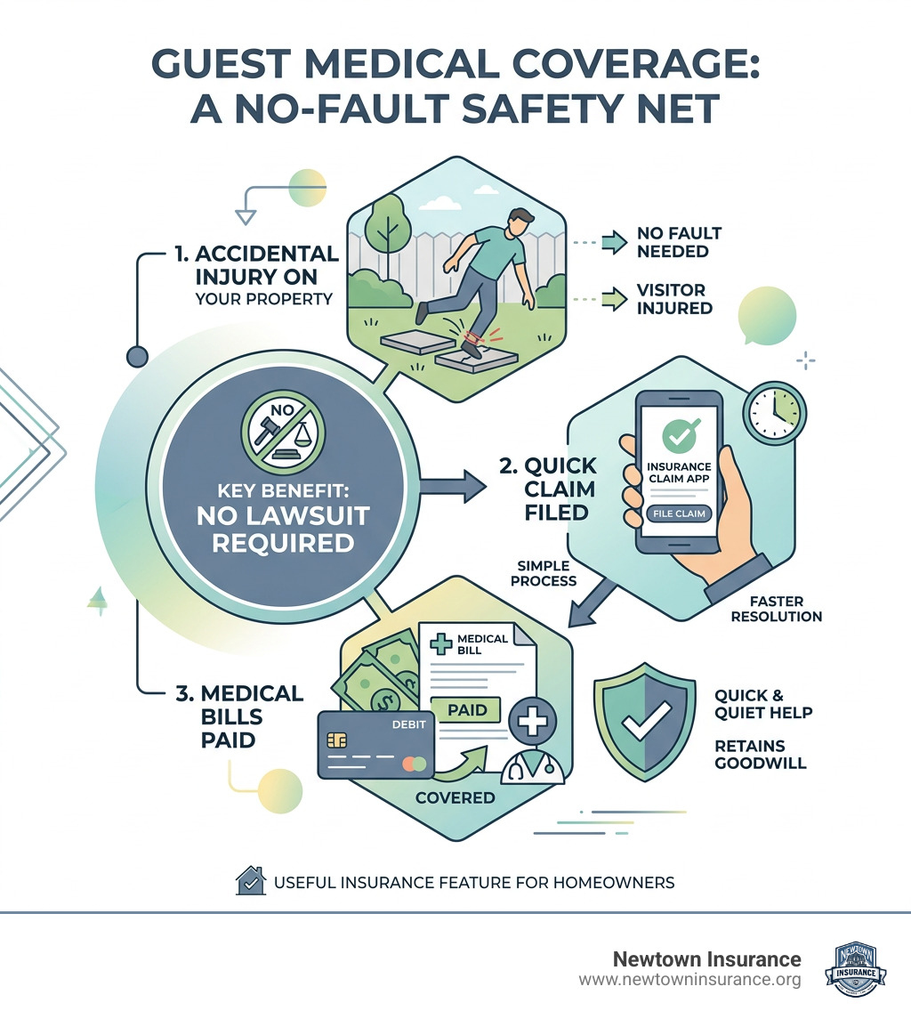 Infographic showing no-fault nature of guest medical coverage: guest injured, claim filed, bills paid without proving fault Infographic showing no-fault nature of guest medical coverage: guest injured, claim filed, bills paid without proving fault