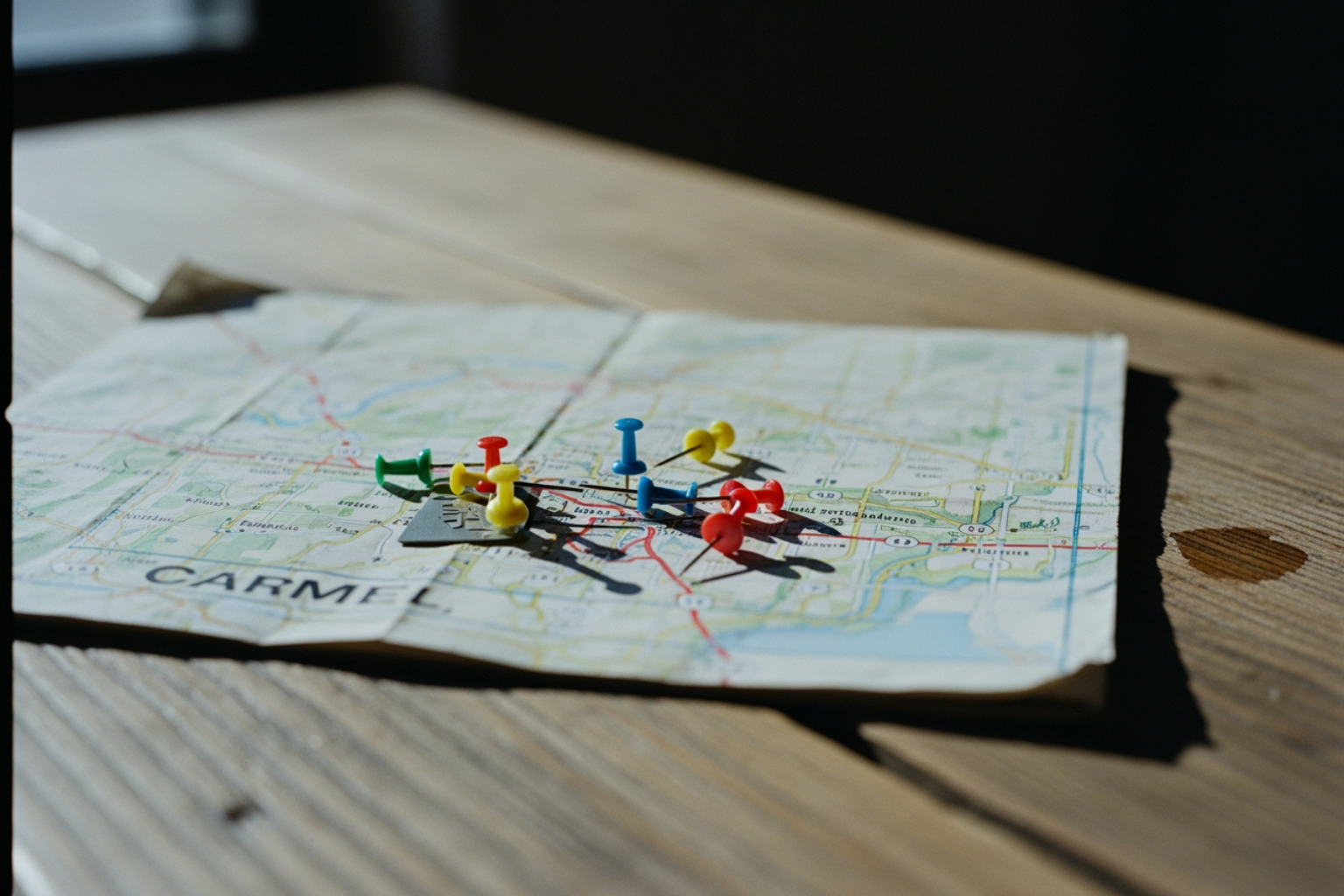 handheld map with business pins on a wooden table in Carmel - local seo service company handheld map with business pins on a wooden table in Carmel - local seo service company