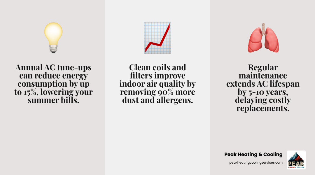 Infographic showing annual AC tune-up benefits: energy savings, longer lifespan, better air quality, fewer emergency repairs Infographic showing annual AC tune-up benefits: energy savings, longer lifespan, better air quality, fewer emergency repairs