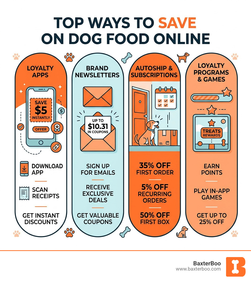 infographic showing top ways to save on dog food online including apps newsletters autoship and loyalty programs - dog food infographic showing top ways to save on dog food online including apps newsletters autoship and loyalty programs - dog food
