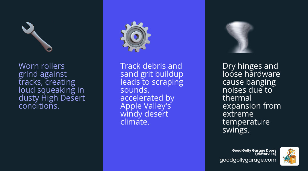 Infographic showing common garage door noise sources including worn rollers, dry hinges, loose hardware, spring tension, and Infographic showing common garage door noise sources including worn rollers, dry hinges, loose hardware, spring tension, and