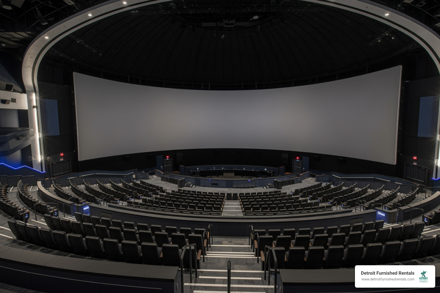 IMAX Dome Theatre interior showing the massive curved screen and seating - Detroit Science Center