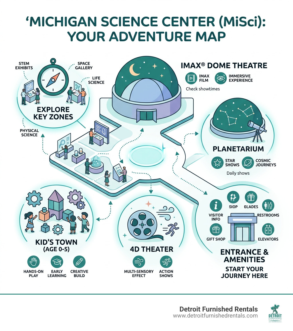 Infographic showing Michigan Science Center layout key zones exhibits IMAX Planetarium Kid's Town - Detroit Science Center