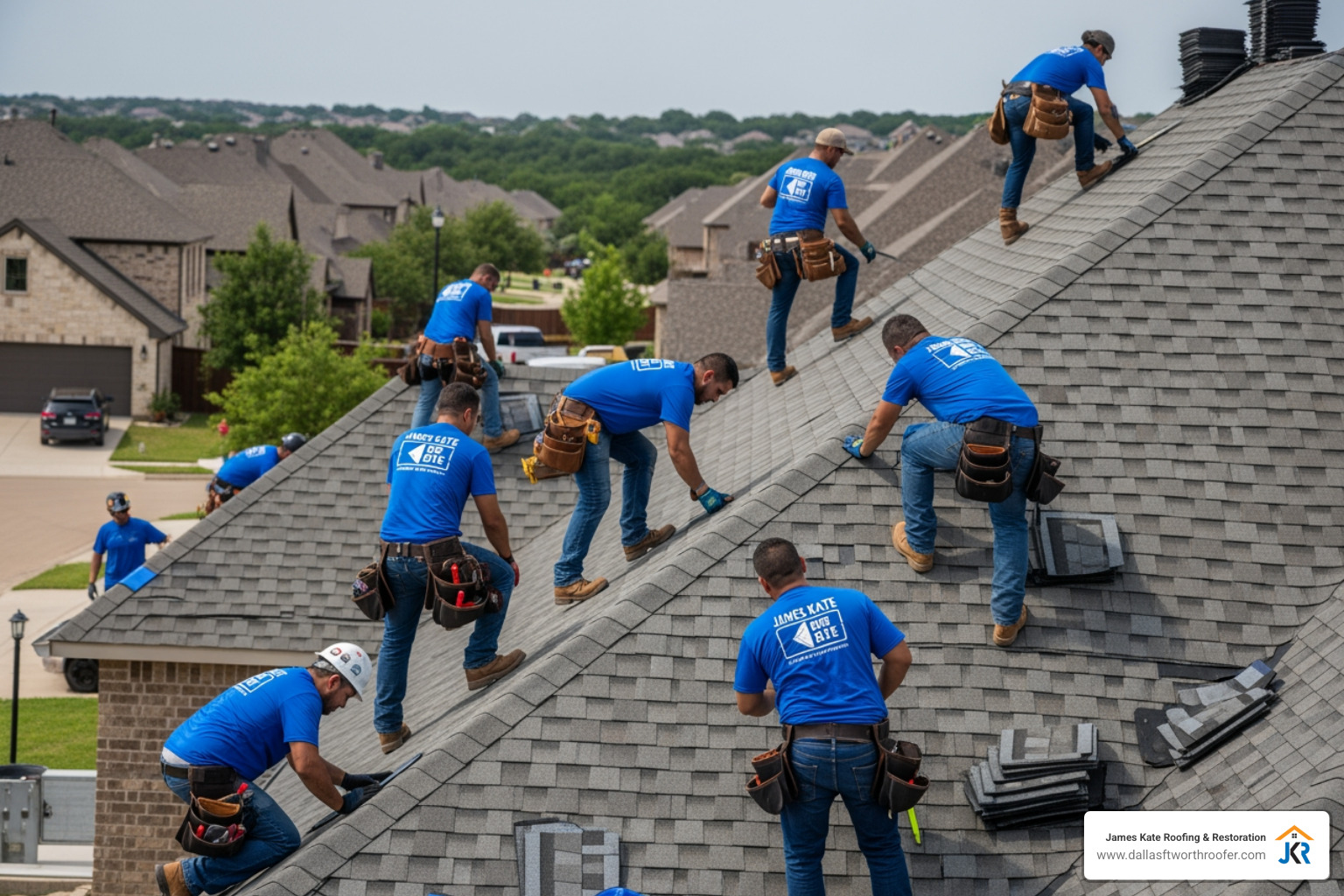 Residential roofing project in Grapevine with team members in royal blue James Kate shirts - roofing company Grapevine Residential roofing project in Grapevine with team members in royal blue James Kate shirts - roofing company Grapevine