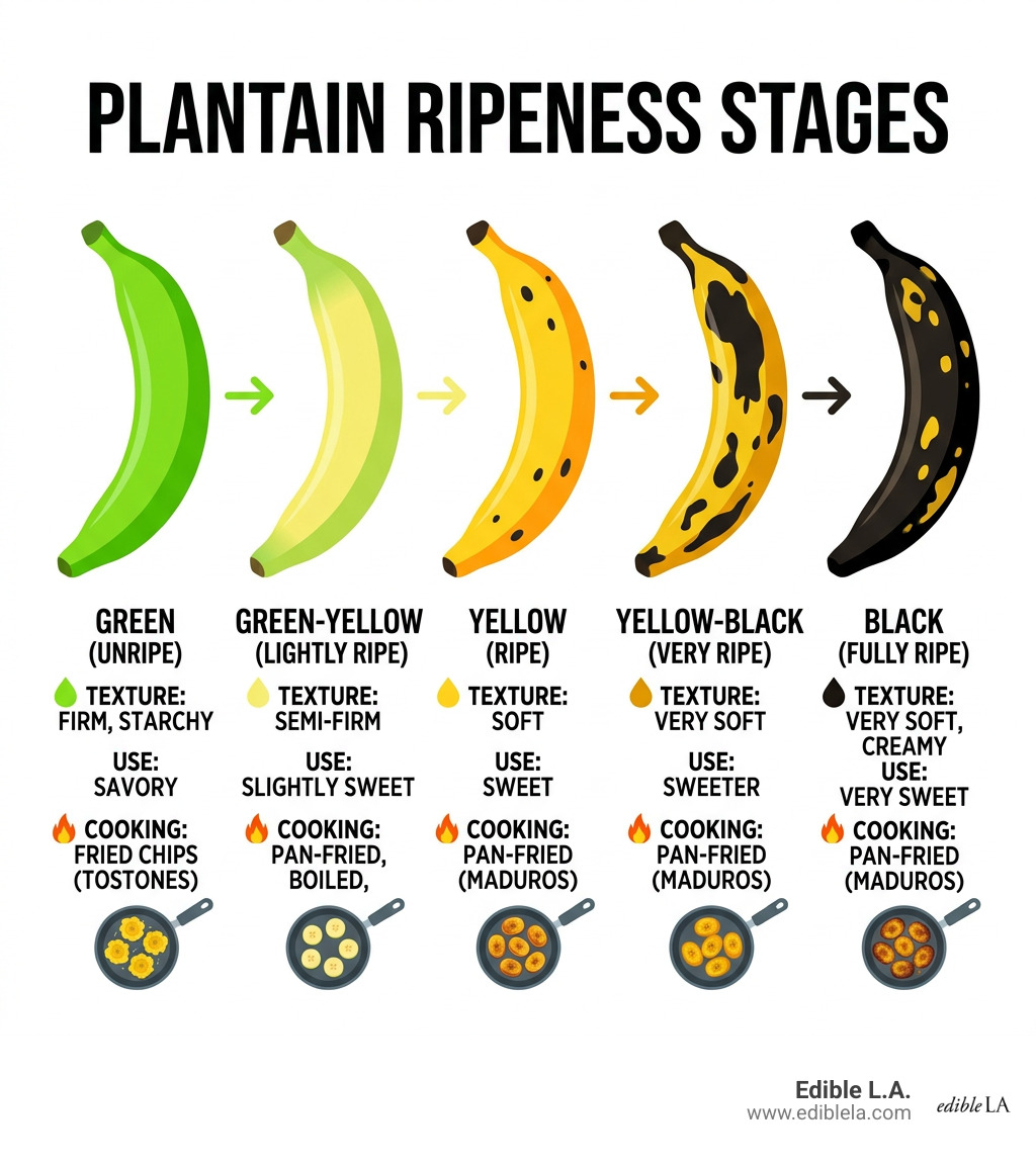 infographic showing plantain ripeness stages from green to black with flavor and use notes - how to cook plantains in a pan infographic showing plantain ripeness stages from green to black with flavor and use notes - how to cook plantains in a pan