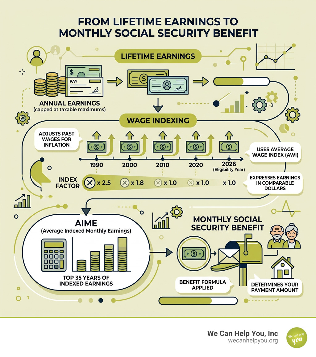 Flow chart from lifetime earnings through wage indexing to AIME to monthly Social Security benefit - social security index