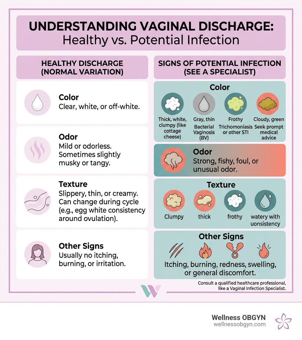 Infographic comparing healthy vaginal discharge versus signs of infection including color, odor, and texture - Vaginal