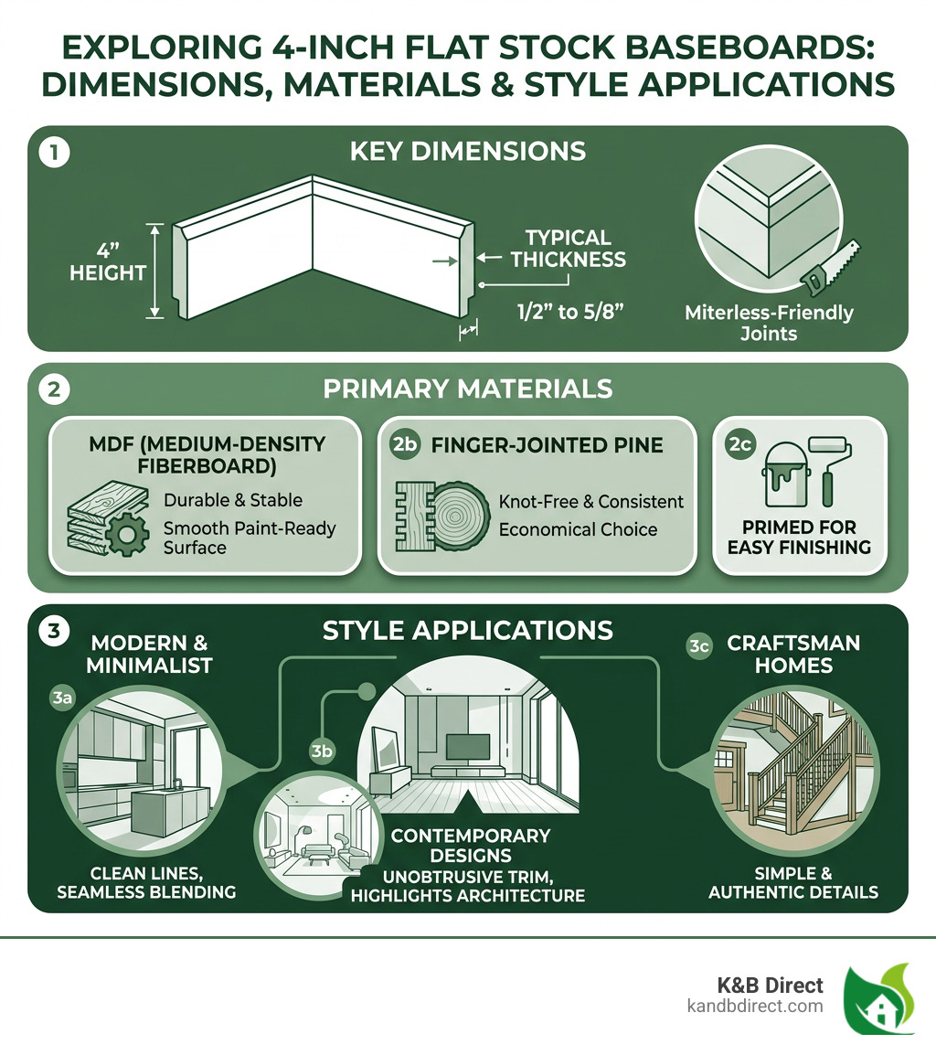 Infographic comparing 4-inch flat stock baseboard dimensions, materials, and style applications - 4 flat stock baseboard