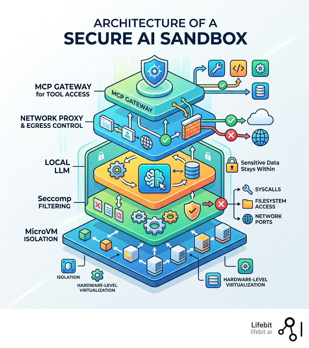 Architecture of a secure AI sandbox: microVM, network proxy, MCP Gateway, seccomp, and local LLM layers - secure