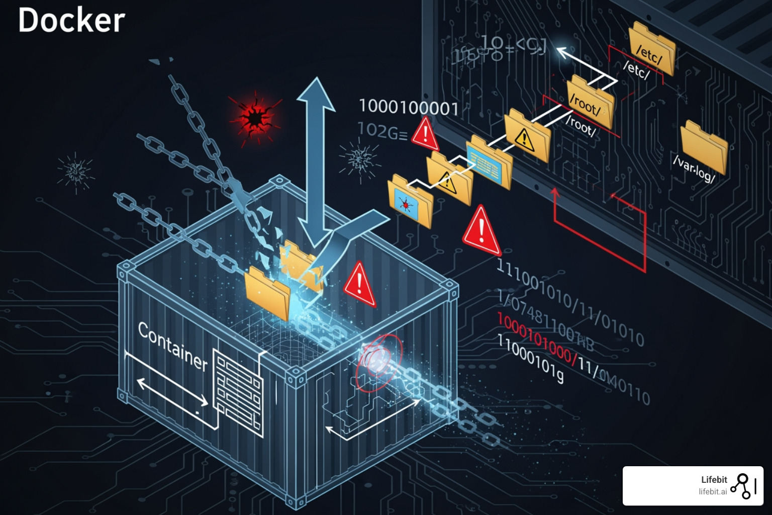 Illustration of a container escape attempt using path traversal to access host files - secure, containerized analysis