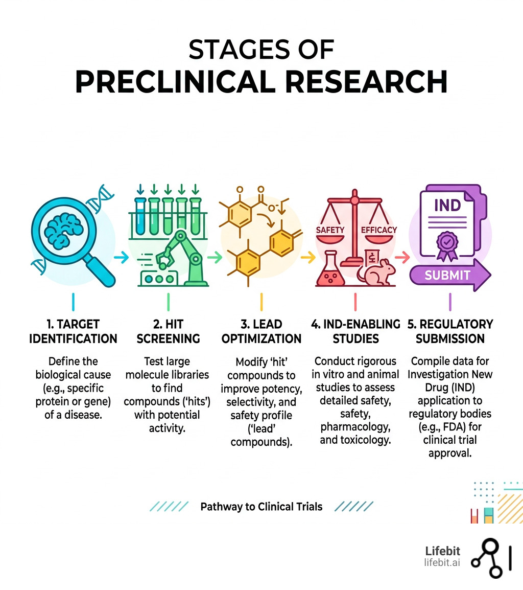 Stages of preclinical research: target identification, hit screening, lead optimization, IND-enabling studies, and Stages of preclinical research: target identification, hit screening, lead optimization, IND-enabling studies, and