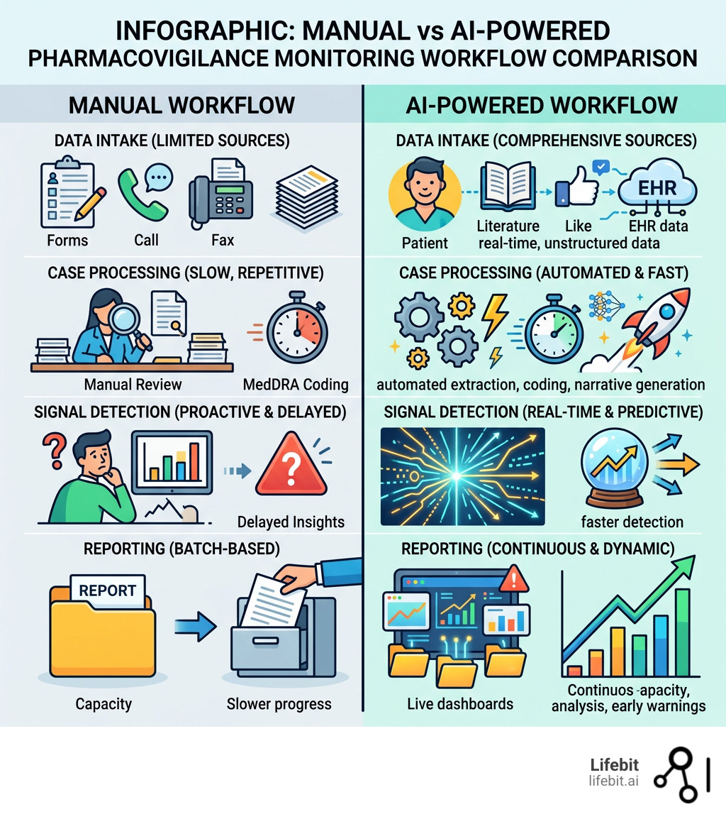 Infographic: manual vs AI-powered pharmacovigilance monitoring workflow comparison - AI-powered pharmacovigilance monitoring