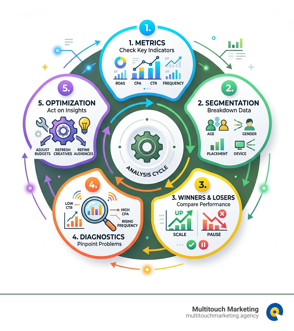 5-step Facebook ad analysis cycle: metrics, segmentation, winners/losers, diagnostics, optimization - Facebook ad campaign 5-step Facebook ad analysis cycle: metrics, segmentation, winners/losers, diagnostics, optimization - Facebook ad campaign