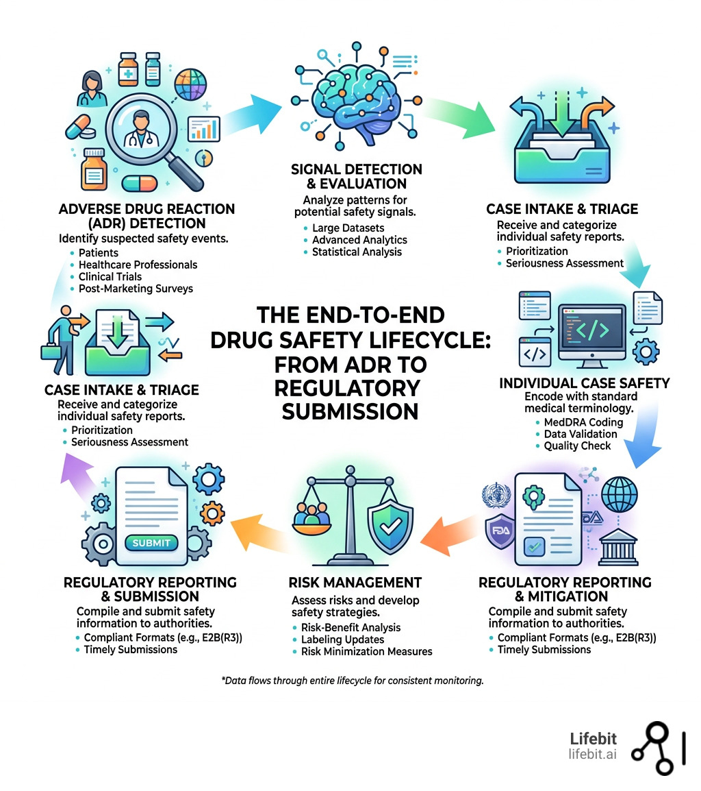 Infographic showing the end-to-end drug safety lifecycle from ADR detection to regulatory submission - drug safety Infographic showing the end-to-end drug safety lifecycle from ADR detection to regulatory submission - drug safety