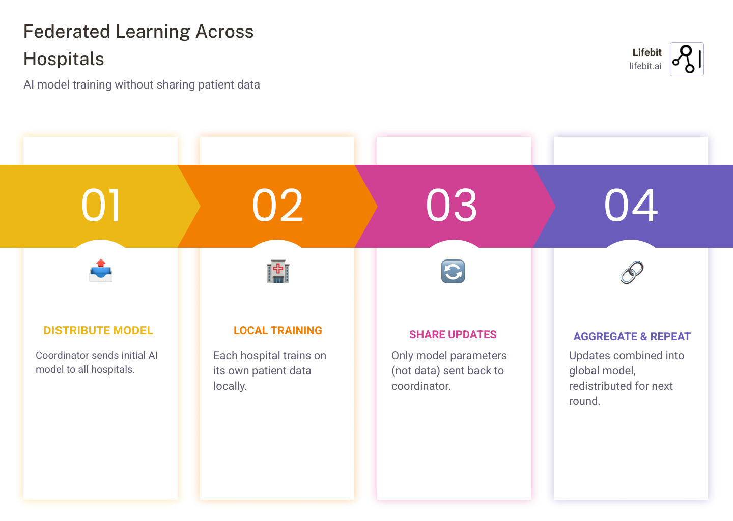 Federated learning workflow across hospitals: local training, model aggregation, privacy preservation steps - federated Federated learning workflow across hospitals: local training, model aggregation, privacy preservation steps - federated