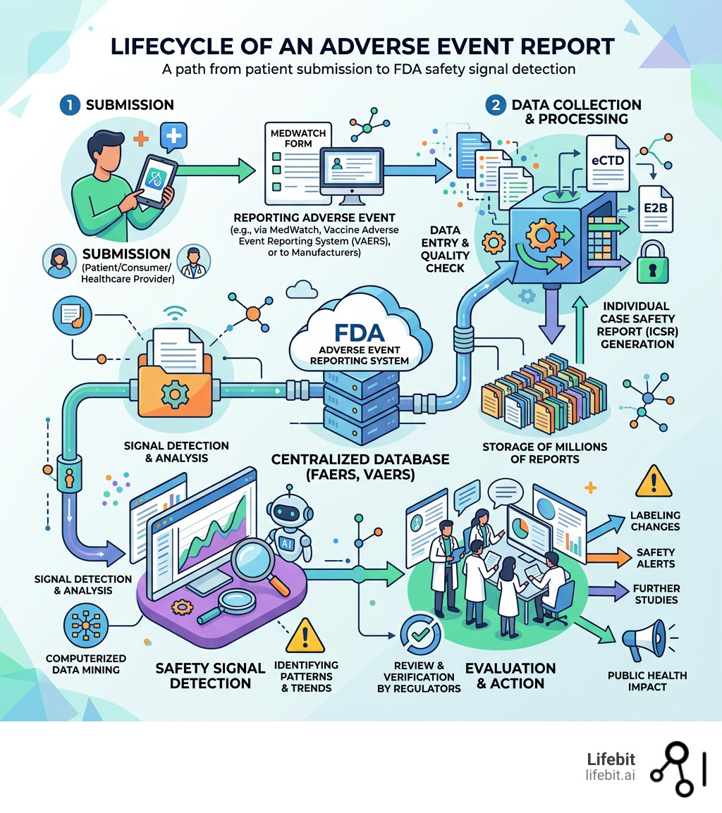 Lifecycle of an adverse event report from patient submission to FDA safety signal detection - adverse event reporting system Lifecycle of an adverse event report from patient submission to FDA safety signal detection - adverse event reporting system