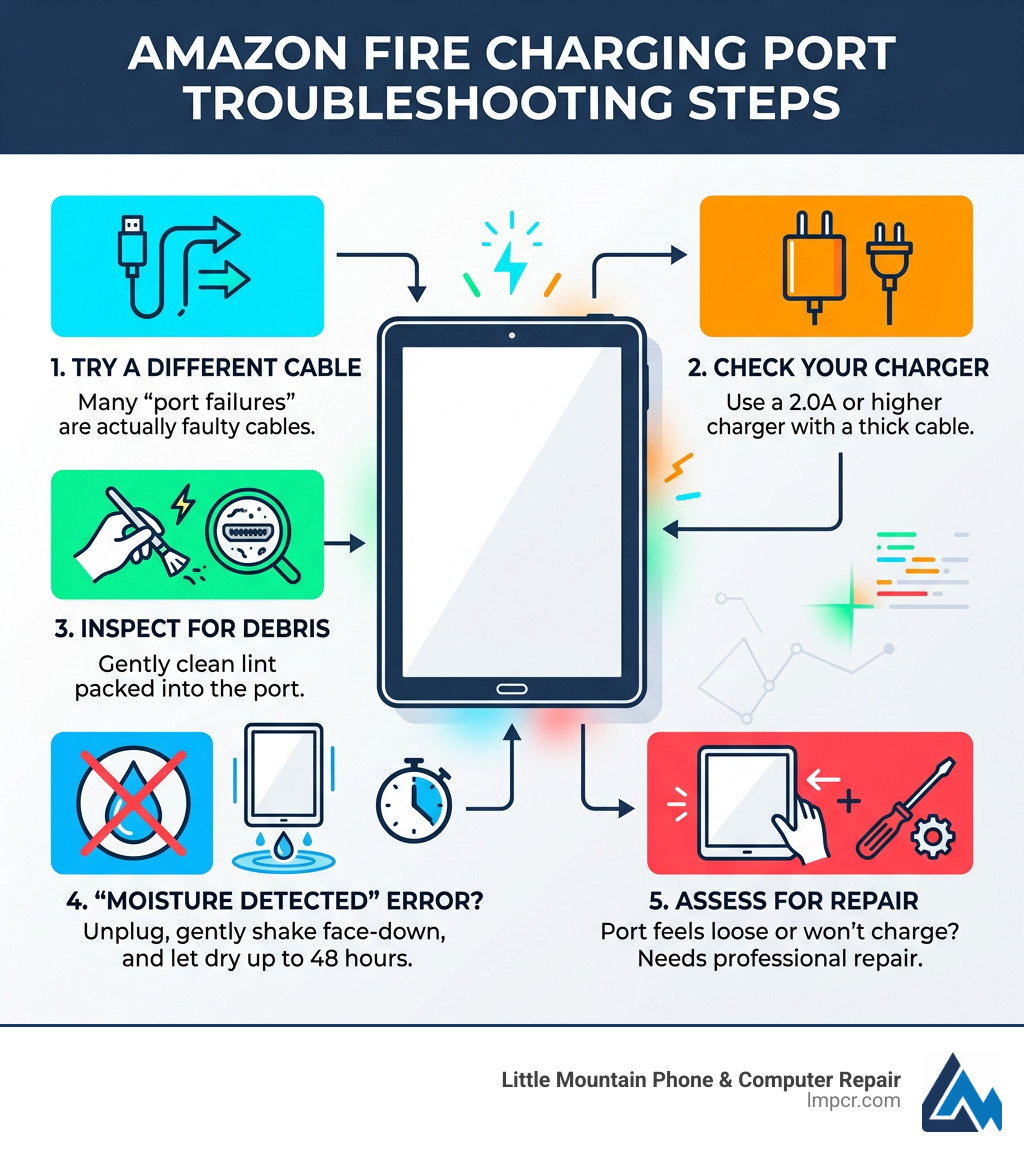 Infographic showing Amazon Fire charging port troubleshooting steps: check cable, check charger, inspect for debris, dry