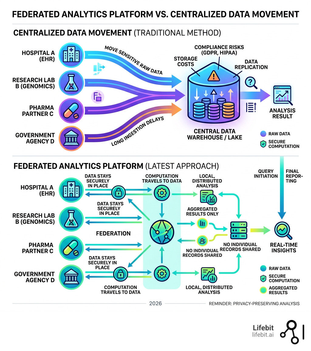Infographic: How a federated analytics platform works vs. centralized data movement - federated analytics platform