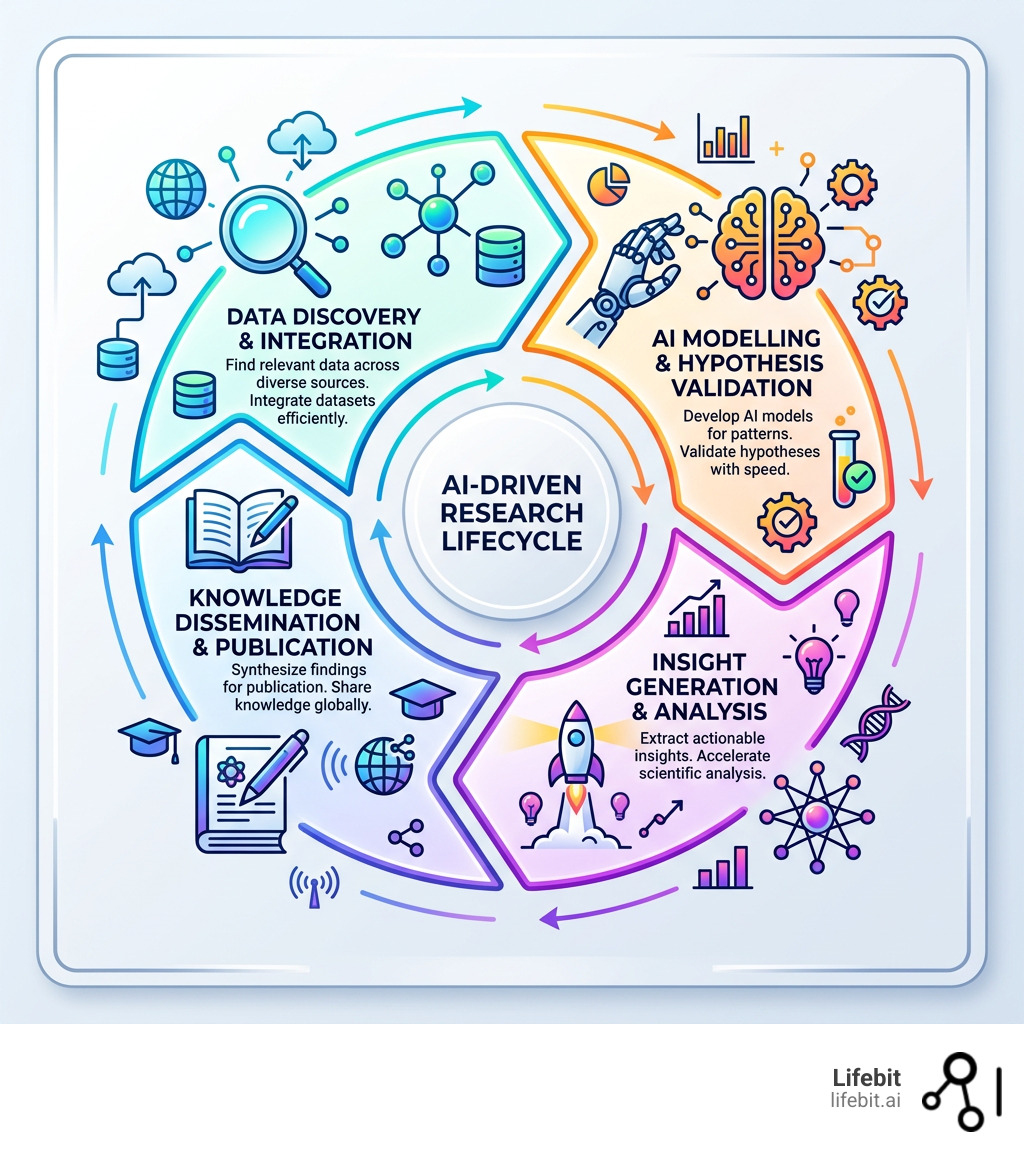 AI-driven research lifecycle: from data discovery to hypothesis validation to publication - ai driven research infographic 