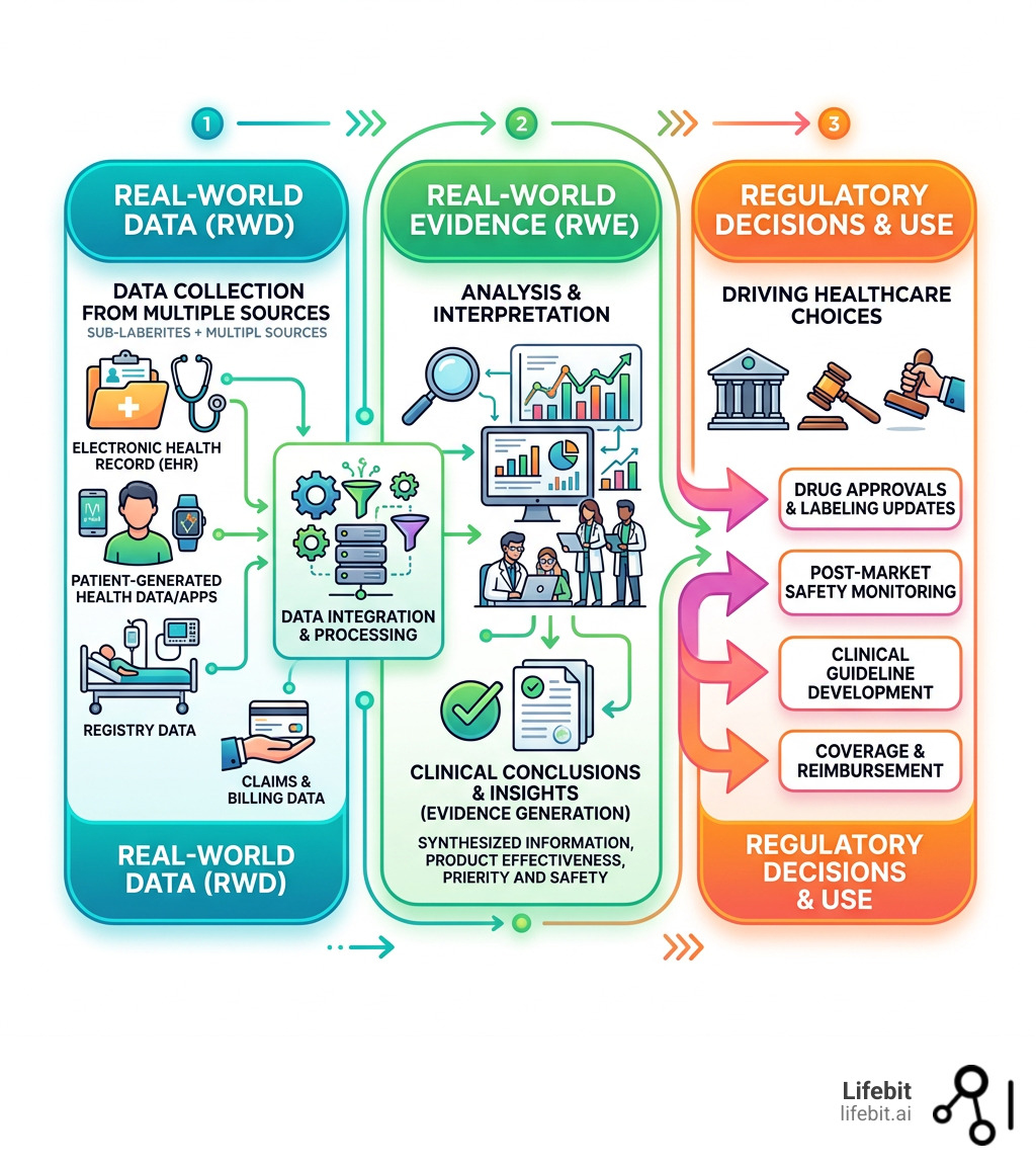 Flow diagram: Real-World Data sources to Real-World Evidence to regulatory decisions - real-world study infographic 