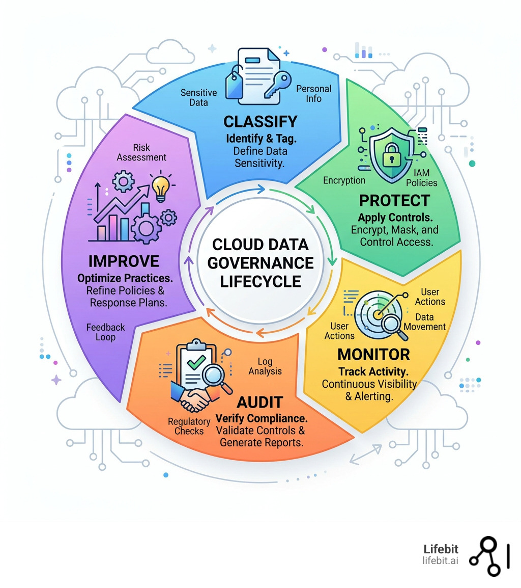 Cloud data governance lifecycle: classify, protect, monitor, audit, and improve - secure cloud data governance infographic Cloud data governance lifecycle: classify, protect, monitor, audit, and improve - secure cloud data governance infographic