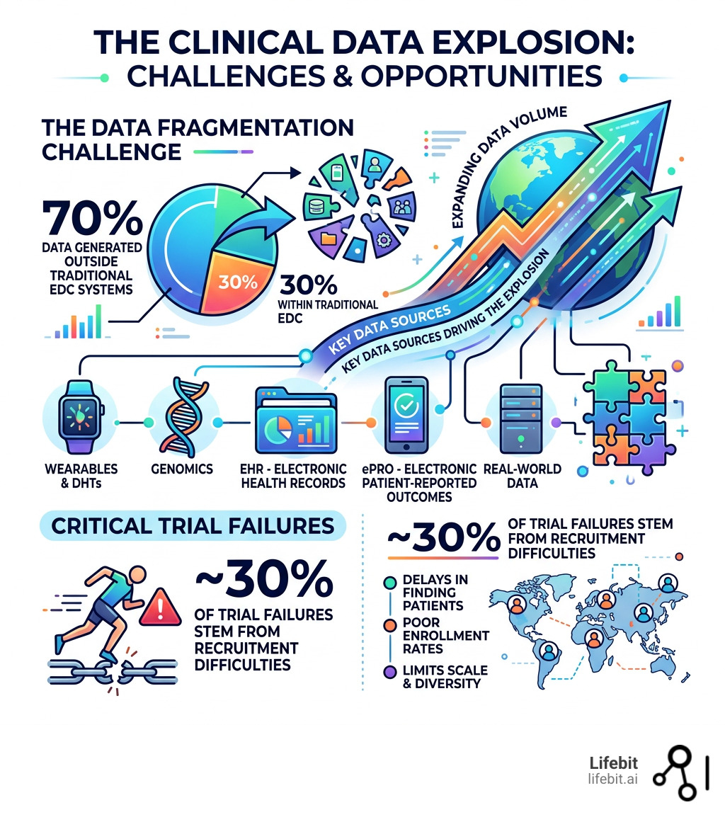 infographic showing the clinical data explosion: 70% outside EDC, 30% trial failures from recruitment, key data sources