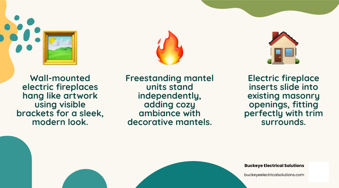 Infographic showing three main types of electric fireplaces: Wall-Mounted units that hang like artwork with visible mounting brackets, Electric Fireplace Inserts that slide into existing fireplace openings with trim surrounds, and Freestanding/Mantel units that stand independently with decorative mantels - how to install electric fireplace