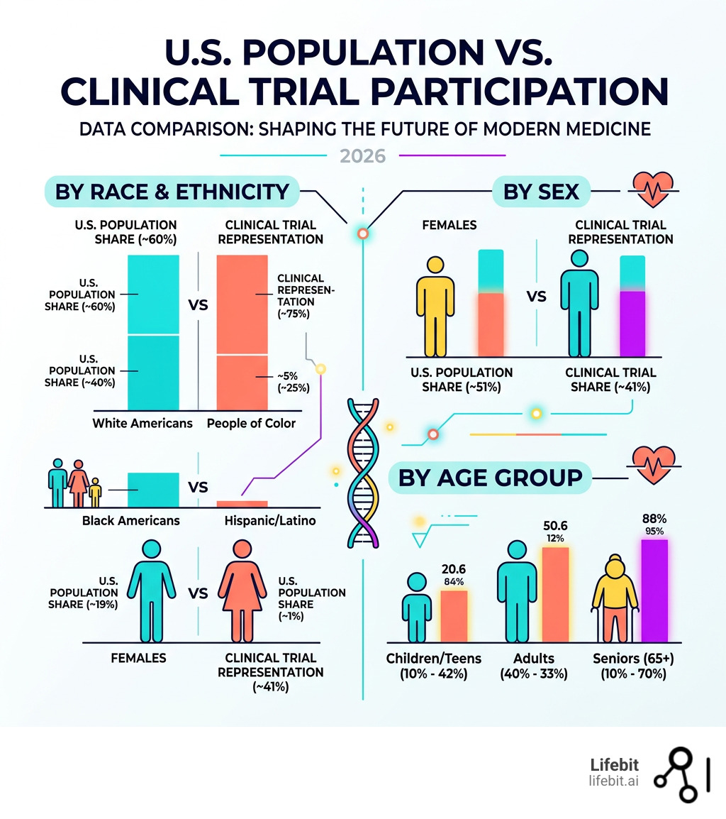 Infographic showing U.S. population vs. clinical trial participation rates by race, sex, and age group - diversity in