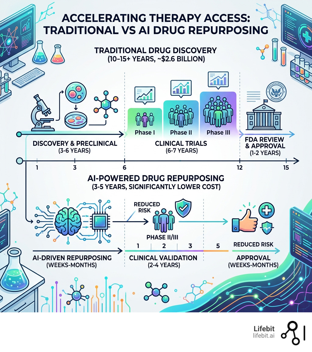 Traditional vs AI drug discovery timeline comparison infographic - drug repurposing ai infographic 