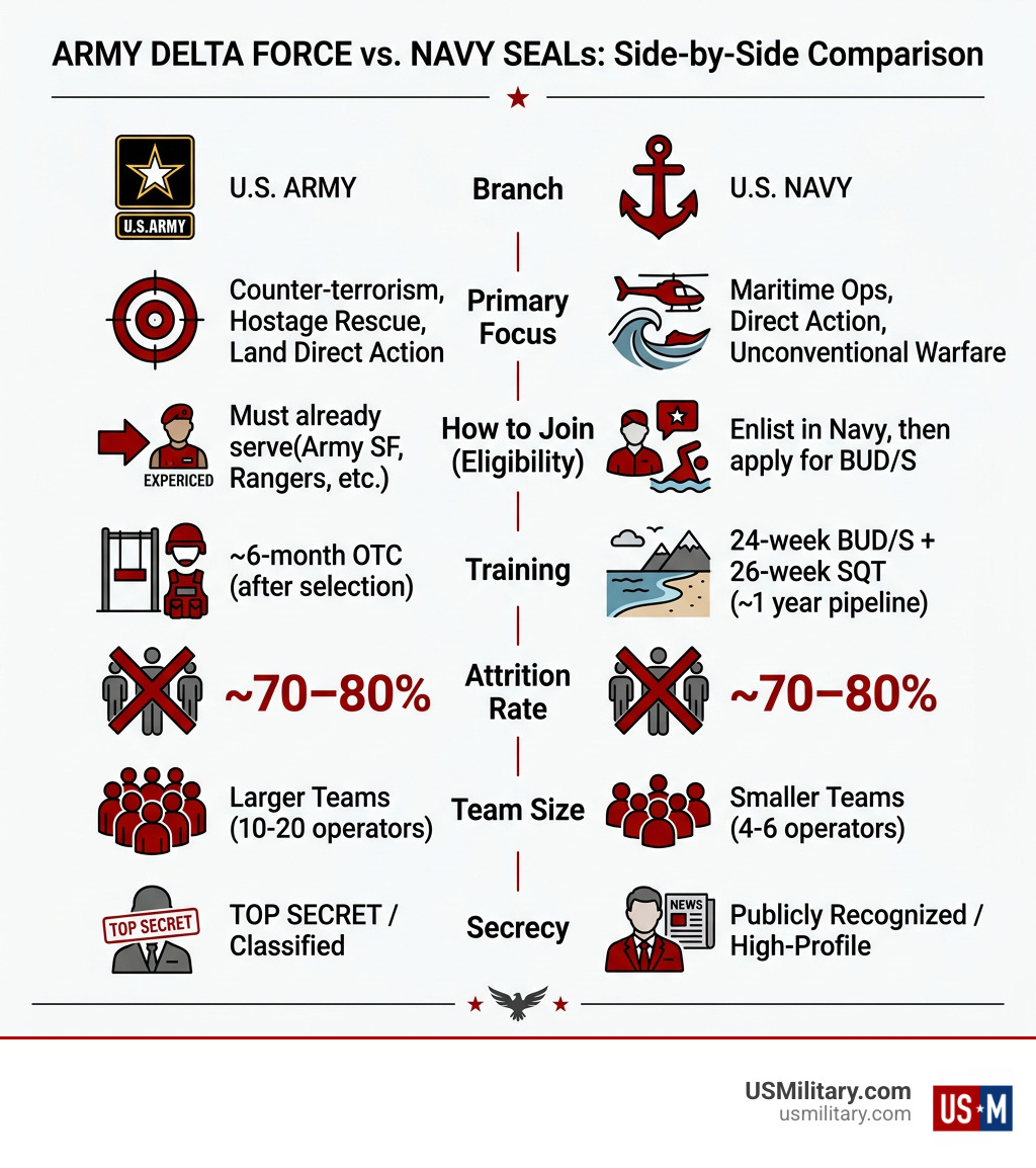 Infographic comparing Army Delta Force vs Navy SEALs: branch, missions, training, team size, and eligibility - Army Delta Infographic comparing Army Delta Force vs Navy SEALs: branch, missions, training, team size, and eligibility - Army Delta