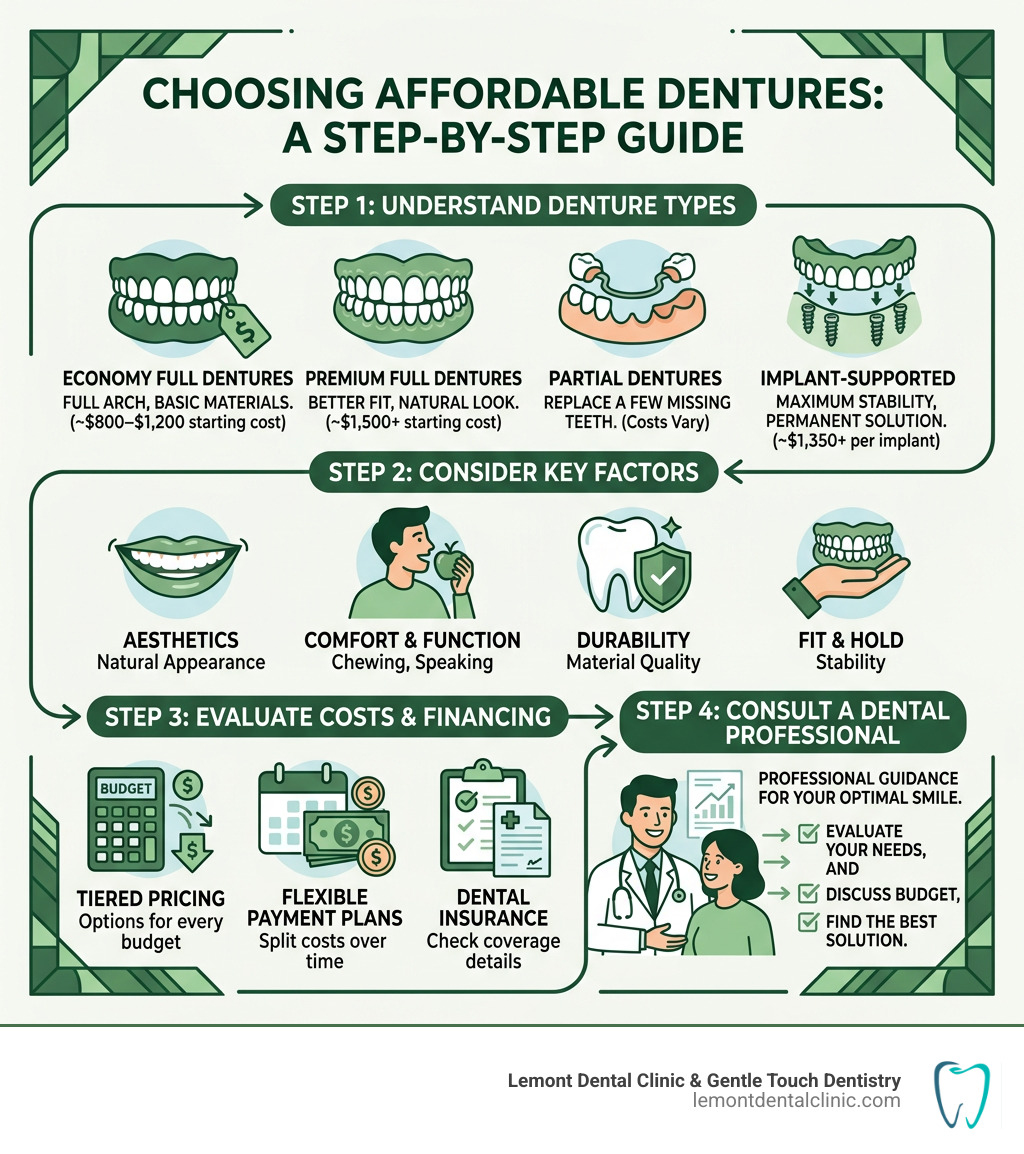 Step-by-step infographic showing denture types, costs, and key factors for choosing affordable dentures - affordable