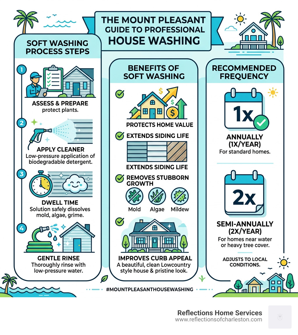 Infographic showing the professional soft washing process steps, benefits, and recommended frequency for Mount Pleasant Infographic showing the professional soft washing process steps, benefits, and recommended frequency for Mount Pleasant