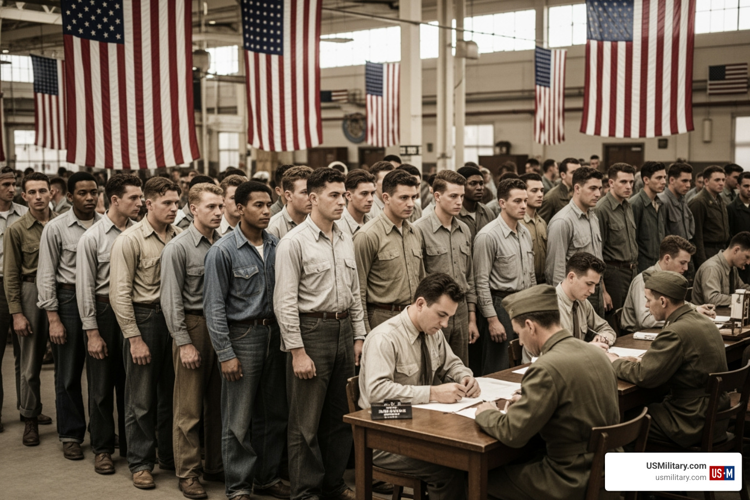 WWII induction center with diverse recruits being processed - Does Only The Army Institute The Miltiary Draft During Wartime WWII induction center with diverse recruits being processed - Does Only The Army Institute The Miltiary Draft During Wartime