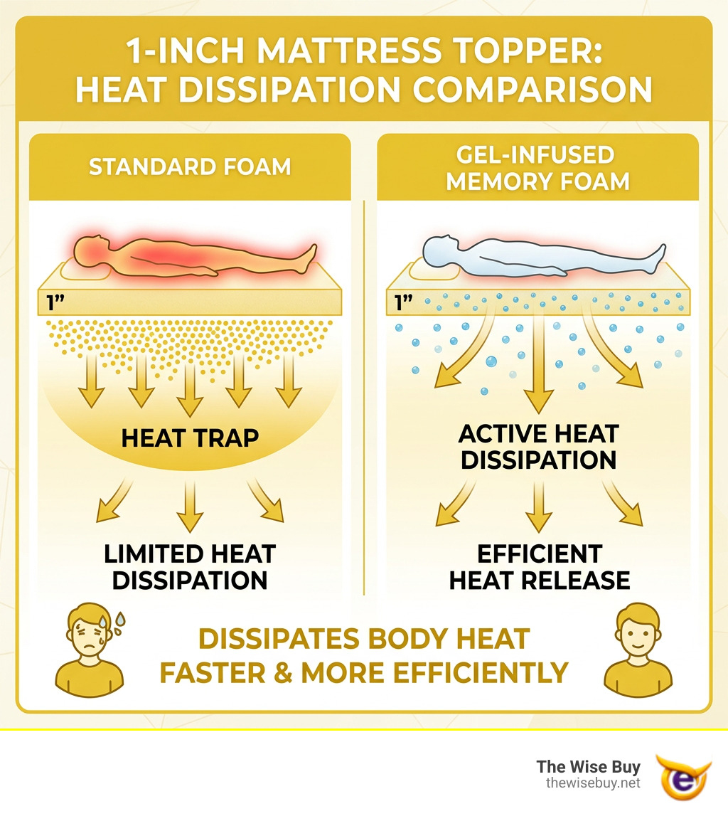 Infographic: how gel-infused memory foam in a 1-inch topper dissipates body heat vs standard foam - 1 inch cooling mattress