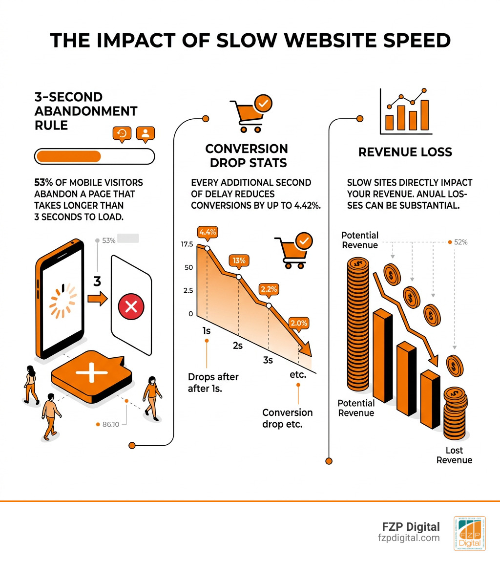 Infographic showing the 3-second abandonment rule, conversion drop stats, and revenue loss from slow websites - website Infographic showing the 3-second abandonment rule, conversion drop stats, and revenue loss from slow websites - website
