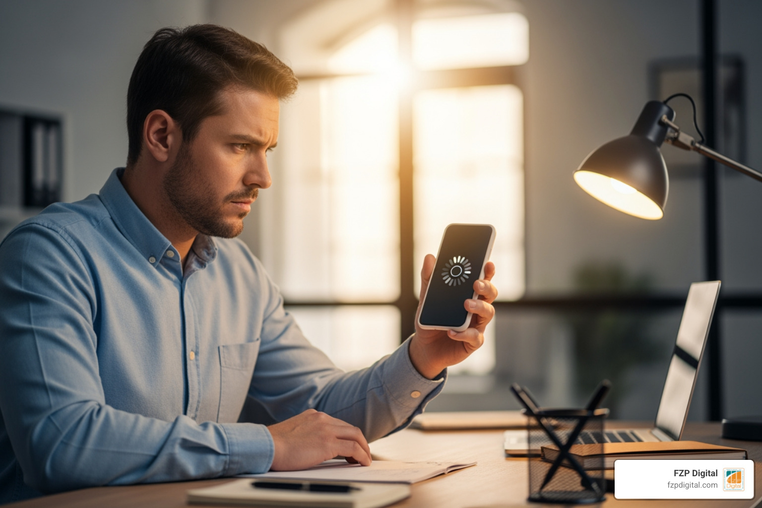 A frustrated small business owner looking at a smartphone while a loading spinner appears on the screen - website speed A frustrated small business owner looking at a smartphone while a loading spinner appears on the screen - website speed