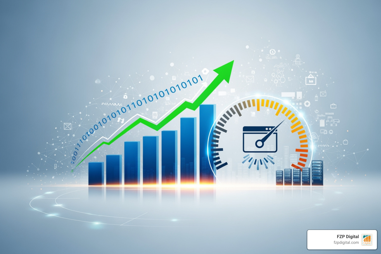 A sleek, high-speed laptop displaying a lightning-fast business website with a clean interface and vibrant colors - website