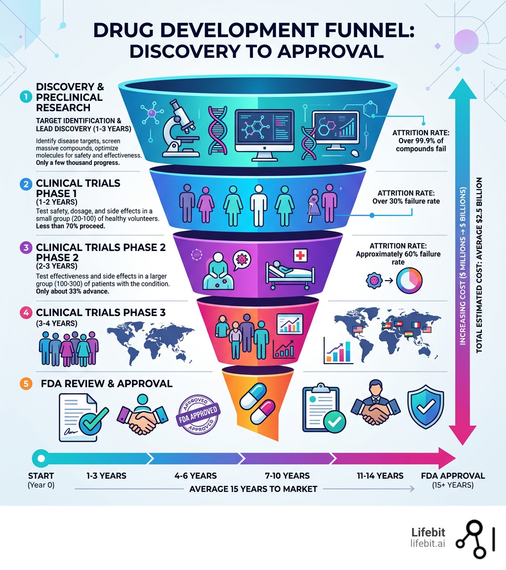 Drug development funnel from discovery to FDA approval showing stages, timelines, attrition rates, and costs - Drug