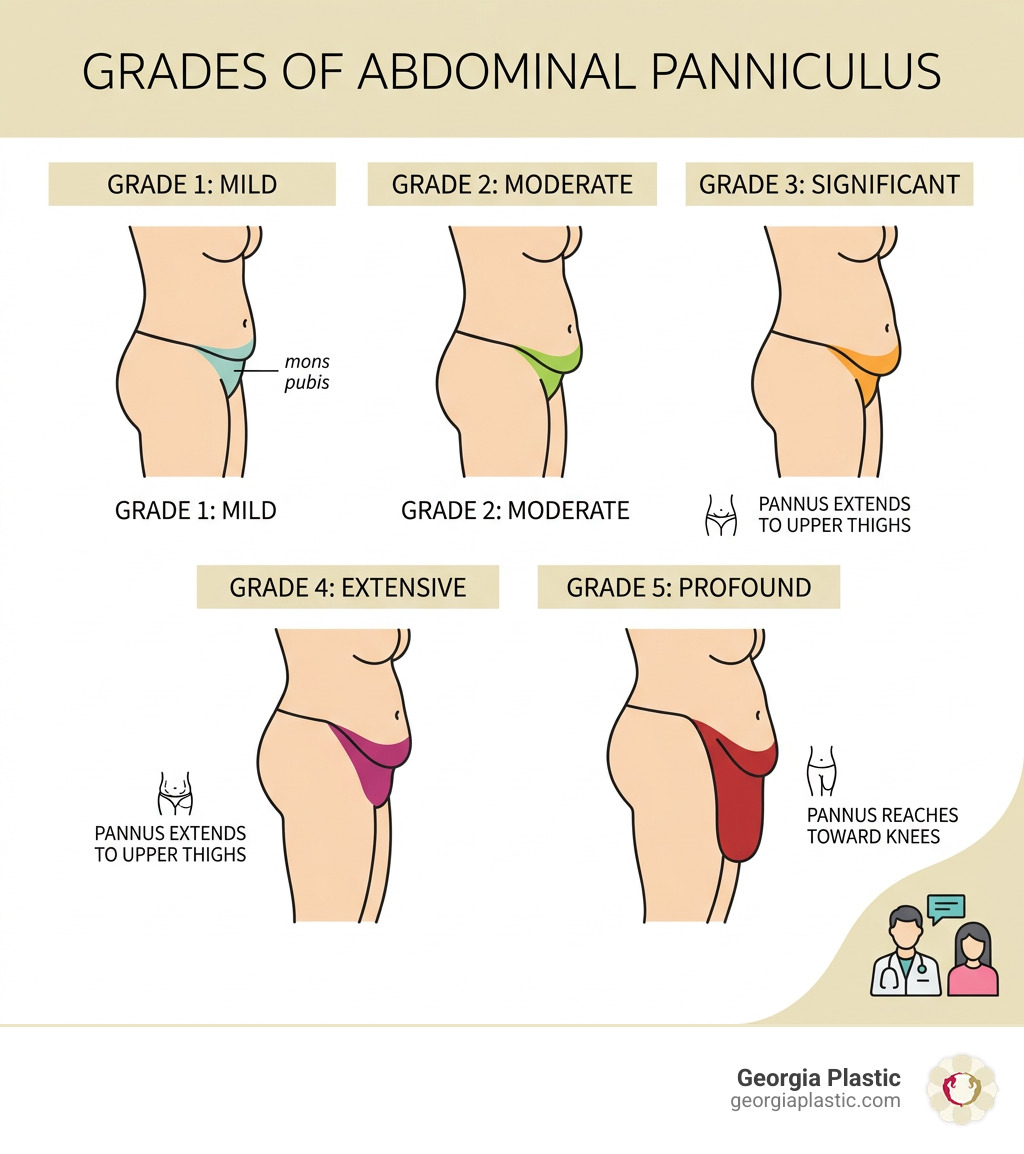 Infographic showing the 5 grades of abdominal panniculus from mons pubis to knees - panniculectomy infographic Infographic showing the 5 grades of abdominal panniculus from mons pubis to knees - panniculectomy infographic