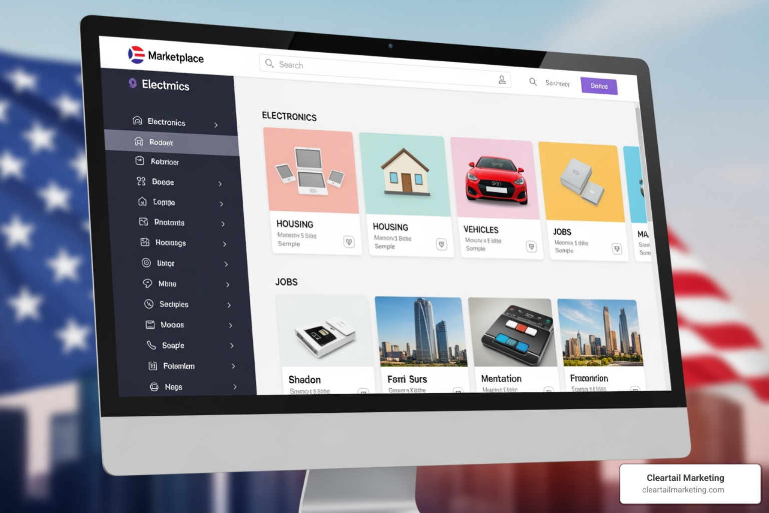 digital marketplace interface showing categories like electronics and housing - classified advertise