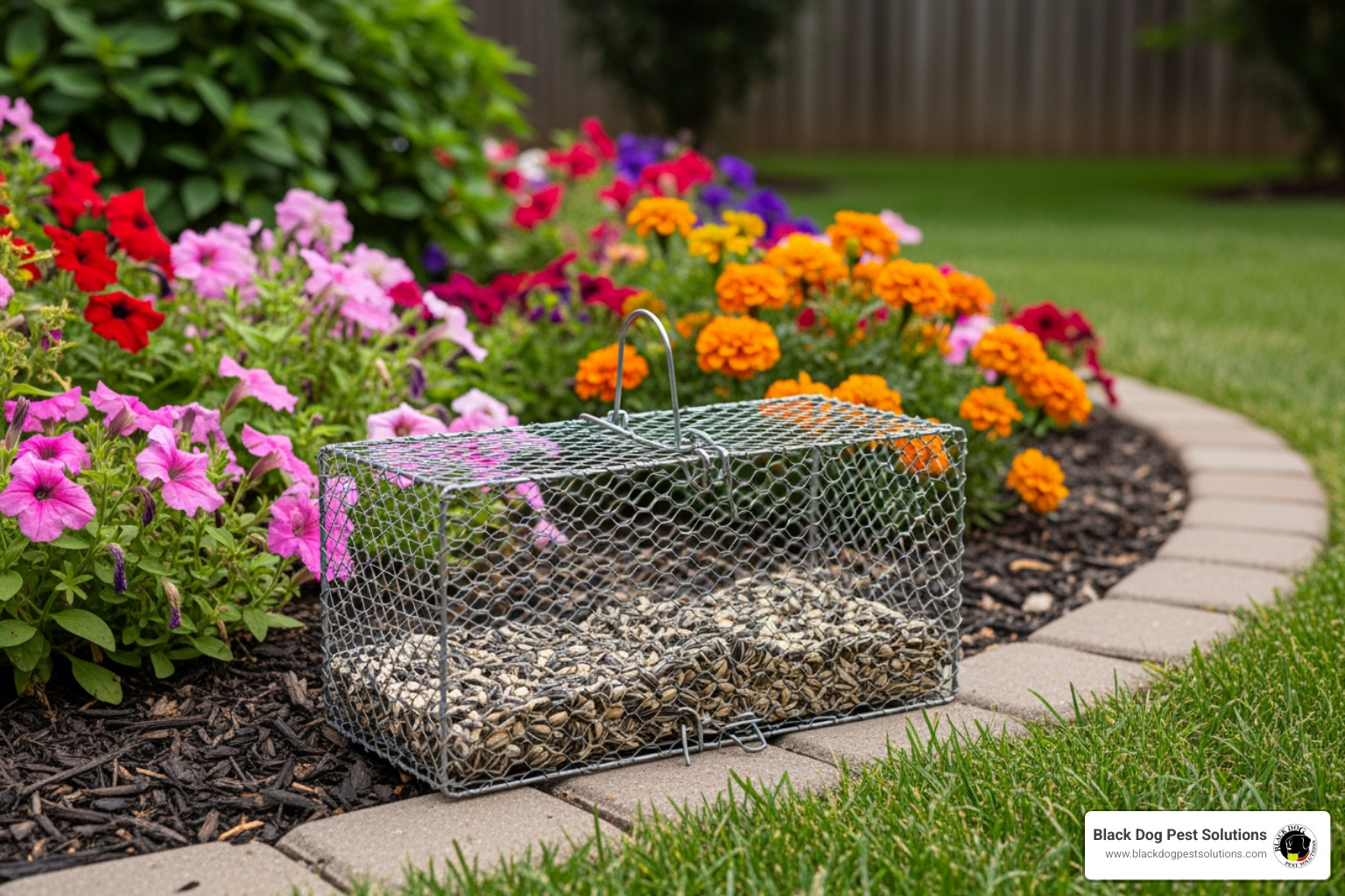 Humane chipmunk trap placed near a garden bed - chipmunk removal cost Humane chipmunk trap placed near a garden bed - chipmunk removal cost