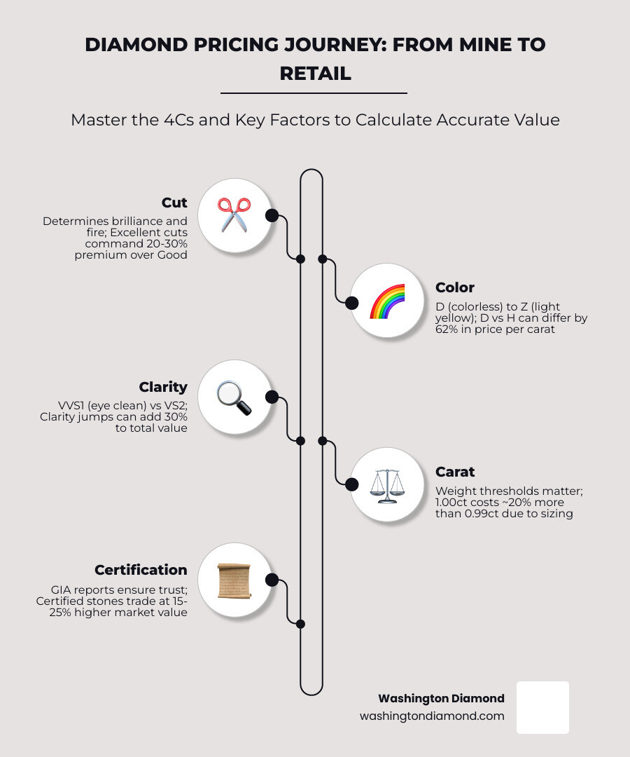 Diamond pricing journey infographic from mine to retail showing 4Cs cut color clarity carat and price factors - how to