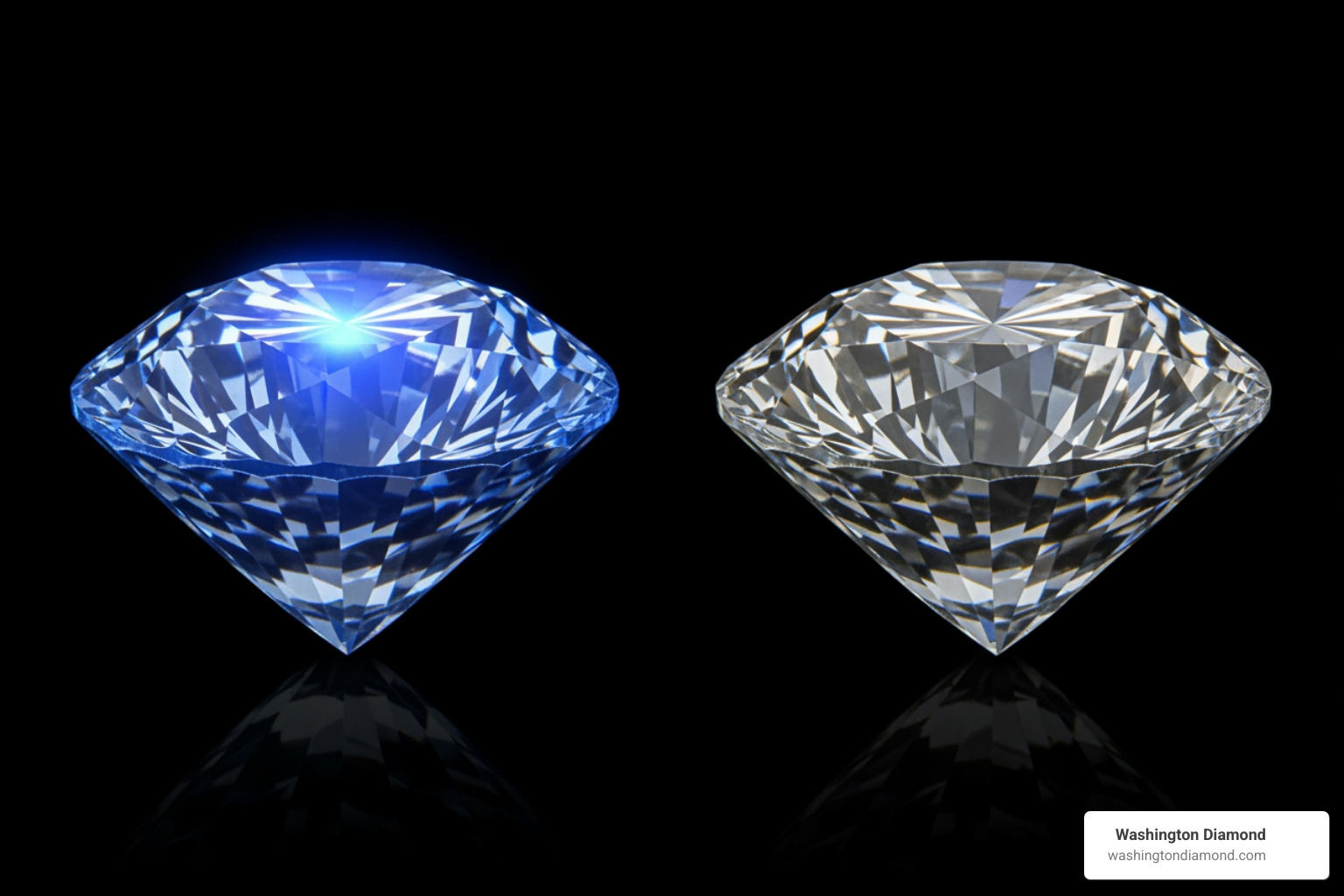 Diamond showing blue fluorescence under UV light next to a non-fluorescent diamond - how to calculate price of a diamond
