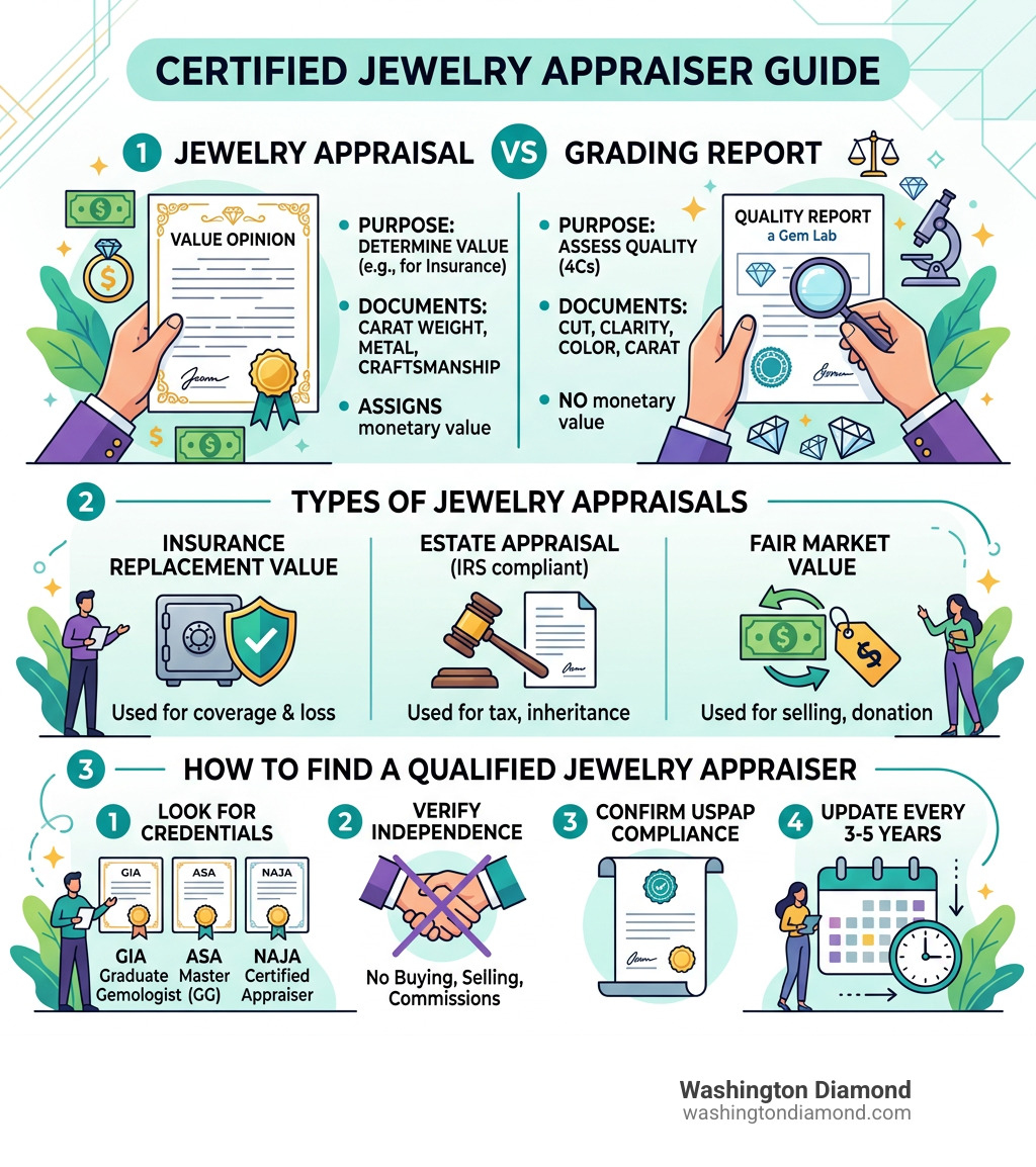 Infographic: jewelry appraisal vs grading report, types of appraisals, and how to find a qualified appraiser - appraiser for Infographic: jewelry appraisal vs grading report, types of appraisals, and how to find a qualified appraiser - appraiser for